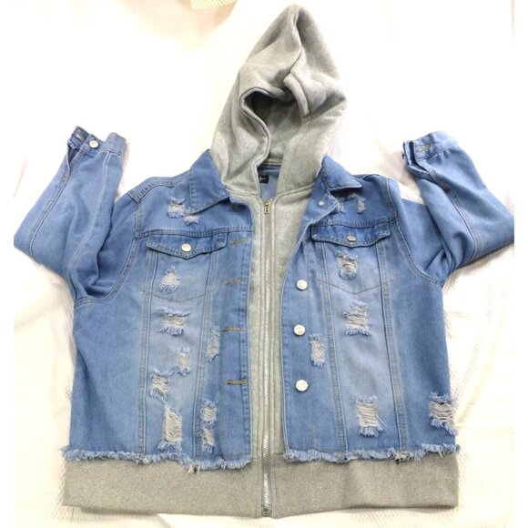 Distressed Denim Hooded Jacket With Playful Rips & Layered Style 1X Thrill Jeans - Picture 1 of 13